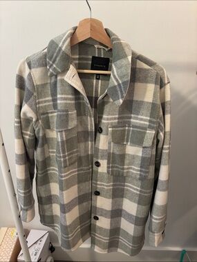 Dynamite Plaid Button-Up Shacket in Sage Green and Cream